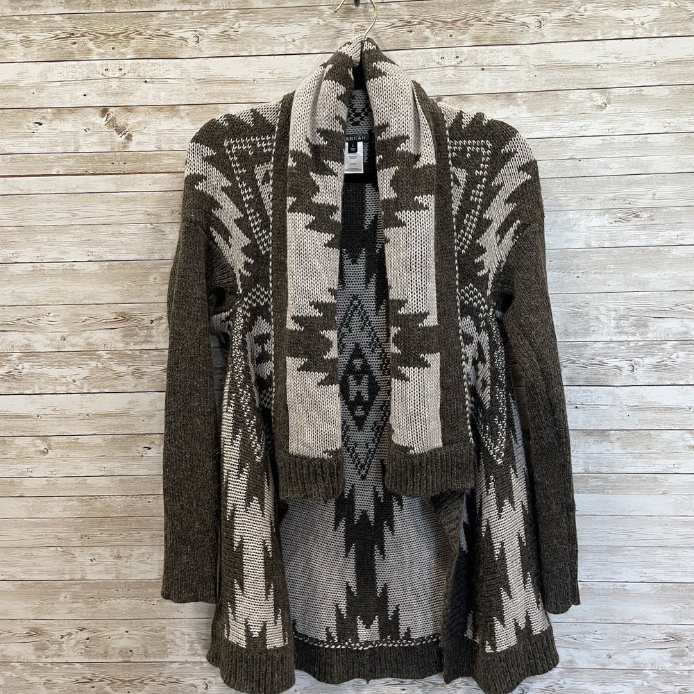 Hannah Womens L Sweater Open Cardigan Gray Southwestern Aztec Scarf Collar - Picture 2 of 10